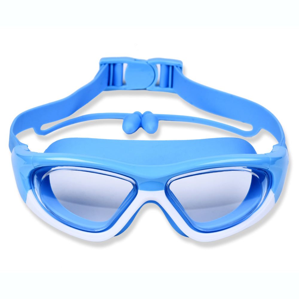 Kids UV protection swim goggles, large frame, adjustable for pool safety.