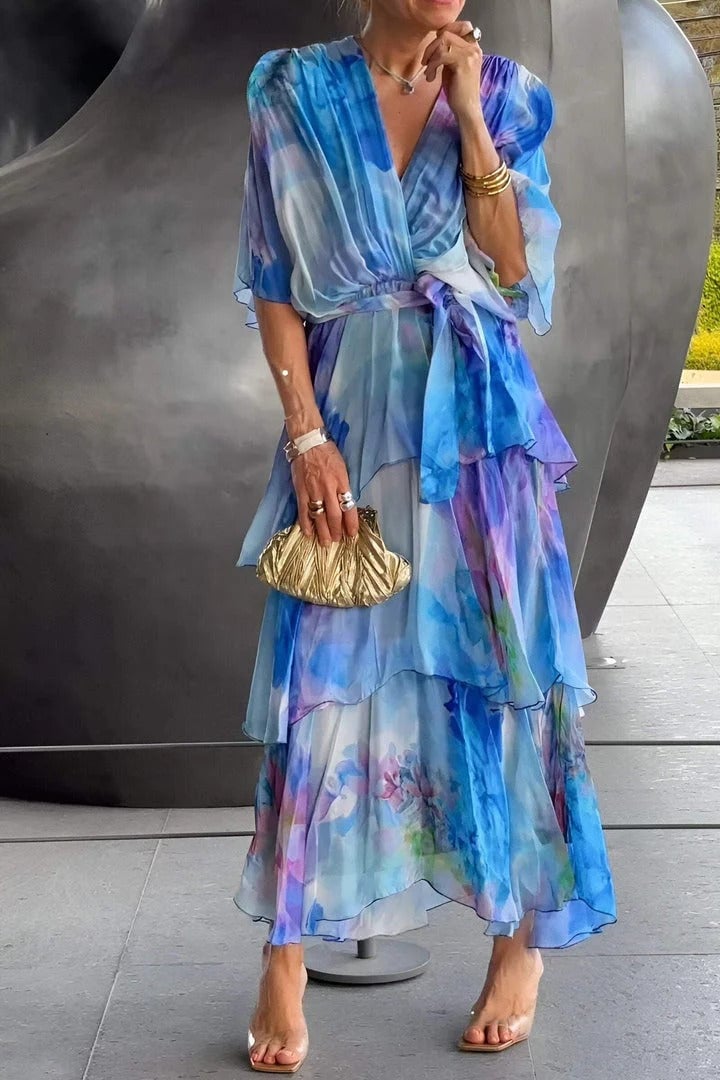 Flowing bohemian maxi dress for women, ideal as a wedding guest outfit or elegant garden party attire.
