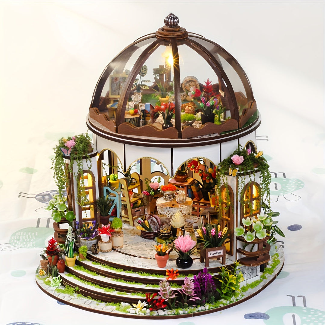 Miniature Flower House 3D wooden puzzle with LED lights, showing intricate details and a cozy glow.