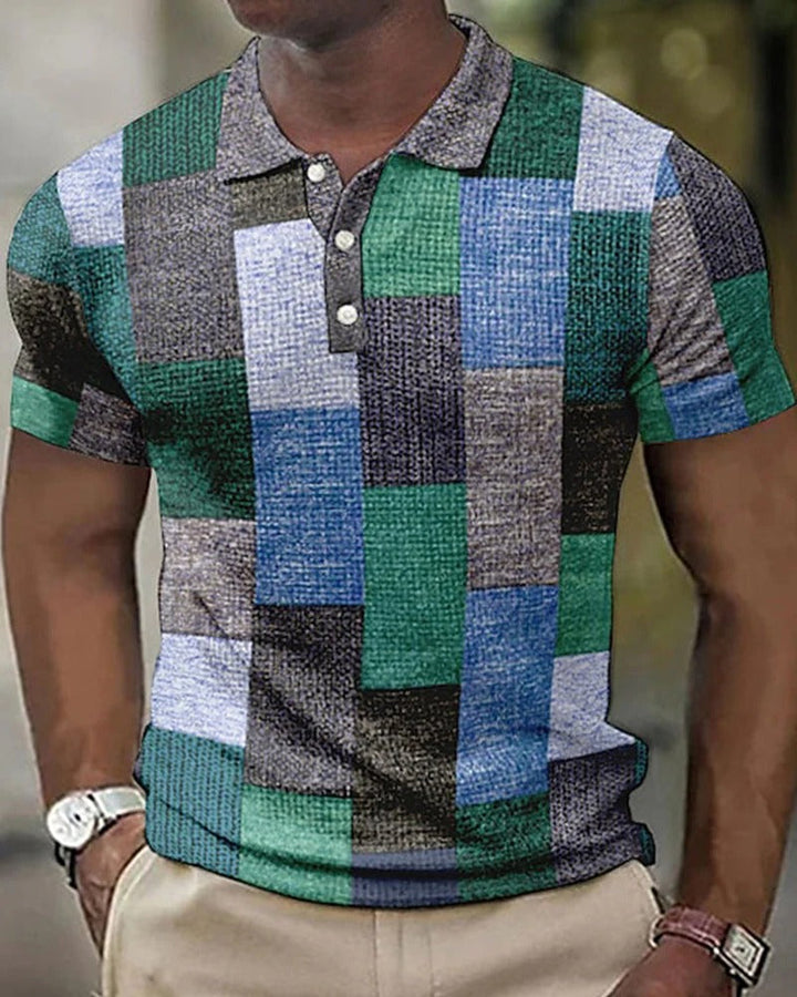 Men's stylish checkered short-sleeve polo shirt for modern casual fashion and summer comfort.