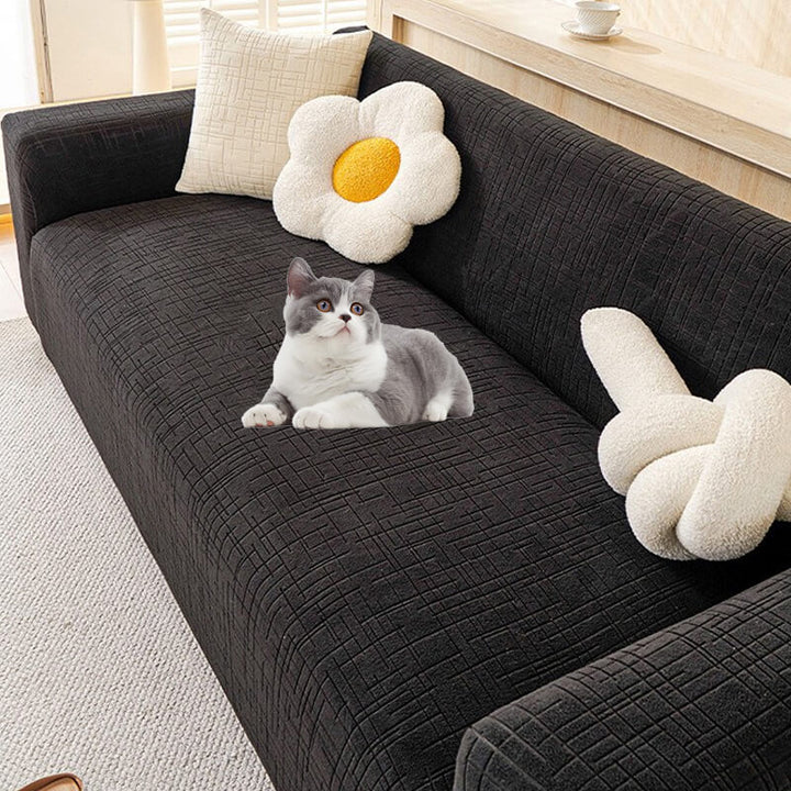 Elastic Jacquard Anti-Scratch Sofa Cover for Pets, stretchy plaid fabric, protects from scratches, ideal for families.