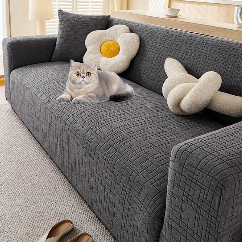Elastic Jacquard Anti-Scratch Sofa Cover for Pets, stretchy plaid fabric, protects from scratches, ideal for families.