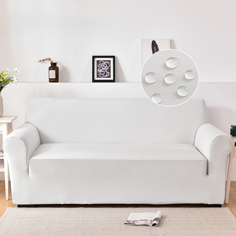 "Elastic water-resistant sofa cover fits all sizes, vibrant colors, stretchy material, enhances and protects sofa."