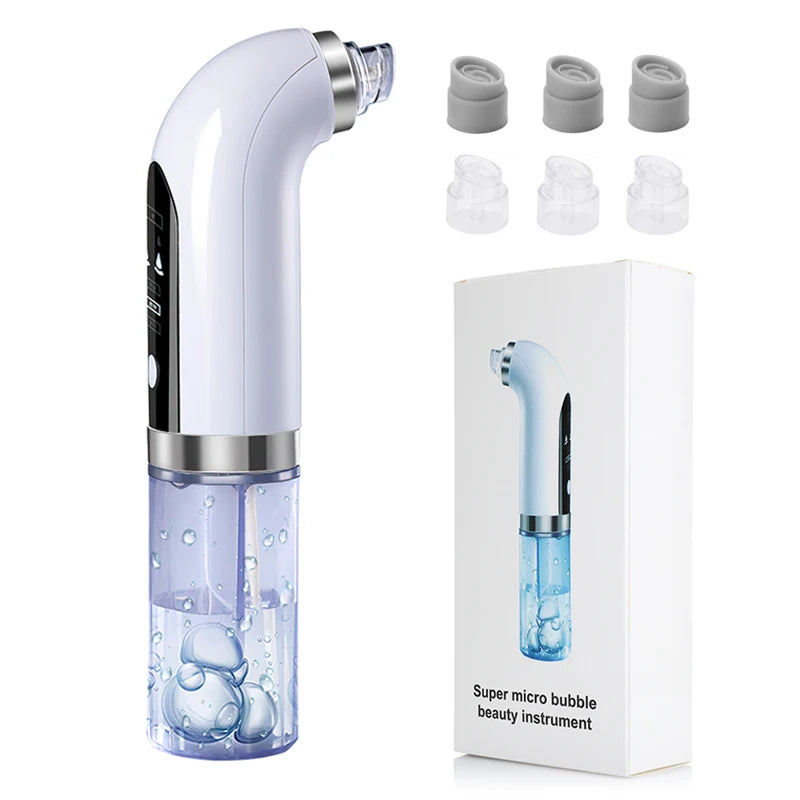 Electric blackhead remover pore vacuum on white background, featuring ergonomic design with interchangeable suction heads.