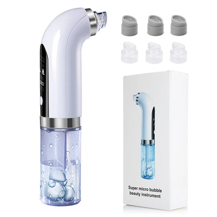 Electric blackhead remover pore vacuum on white background, featuring ergonomic design with interchangeable suction heads.