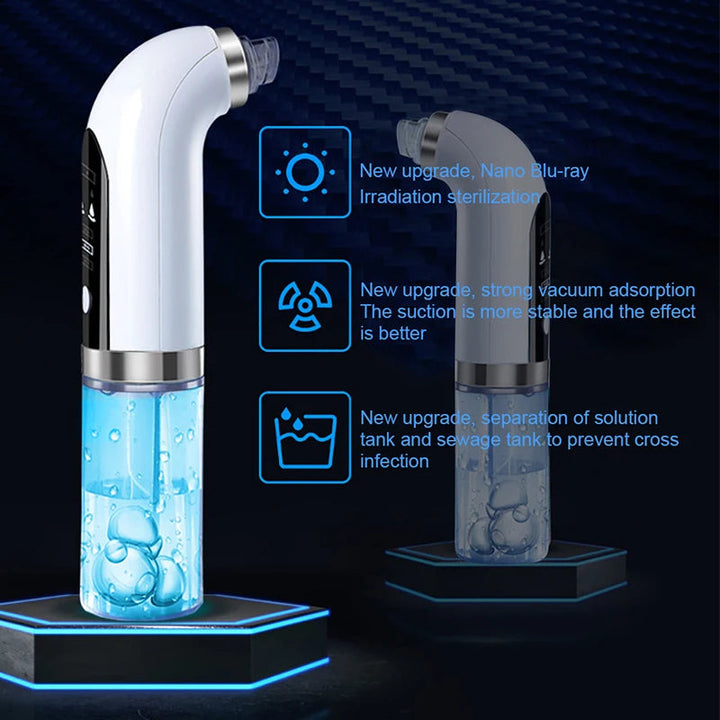 Electric blackhead remover pore vacuum on white background, featuring ergonomic design with interchangeable suction heads.