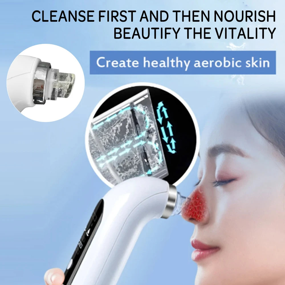Electric blackhead remover pore vacuum on white background, featuring ergonomic design with interchangeable suction heads.