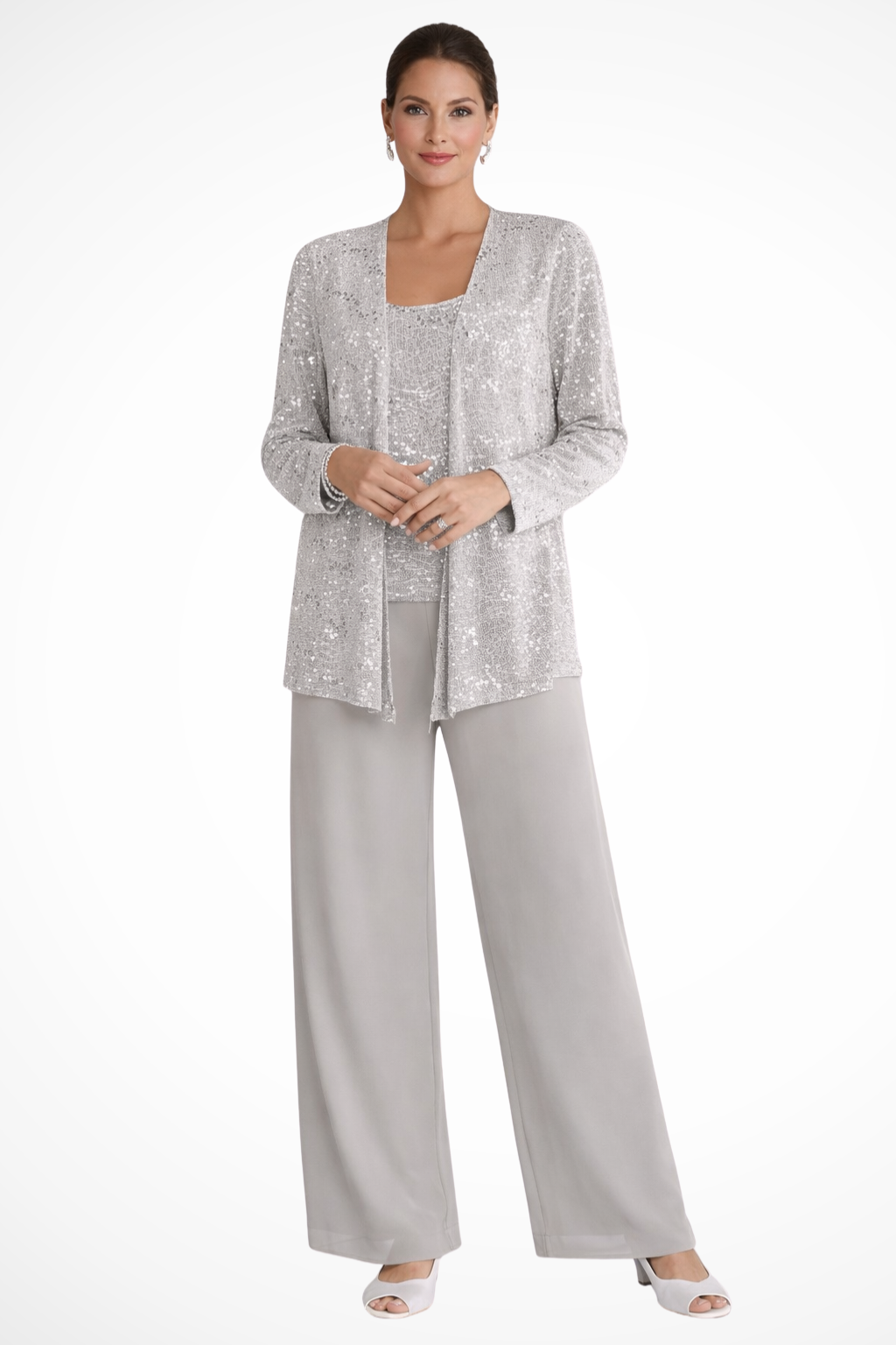 Elegant 3-piece sequin lace women's trouser suit with wide-leg pants for formal occasions.