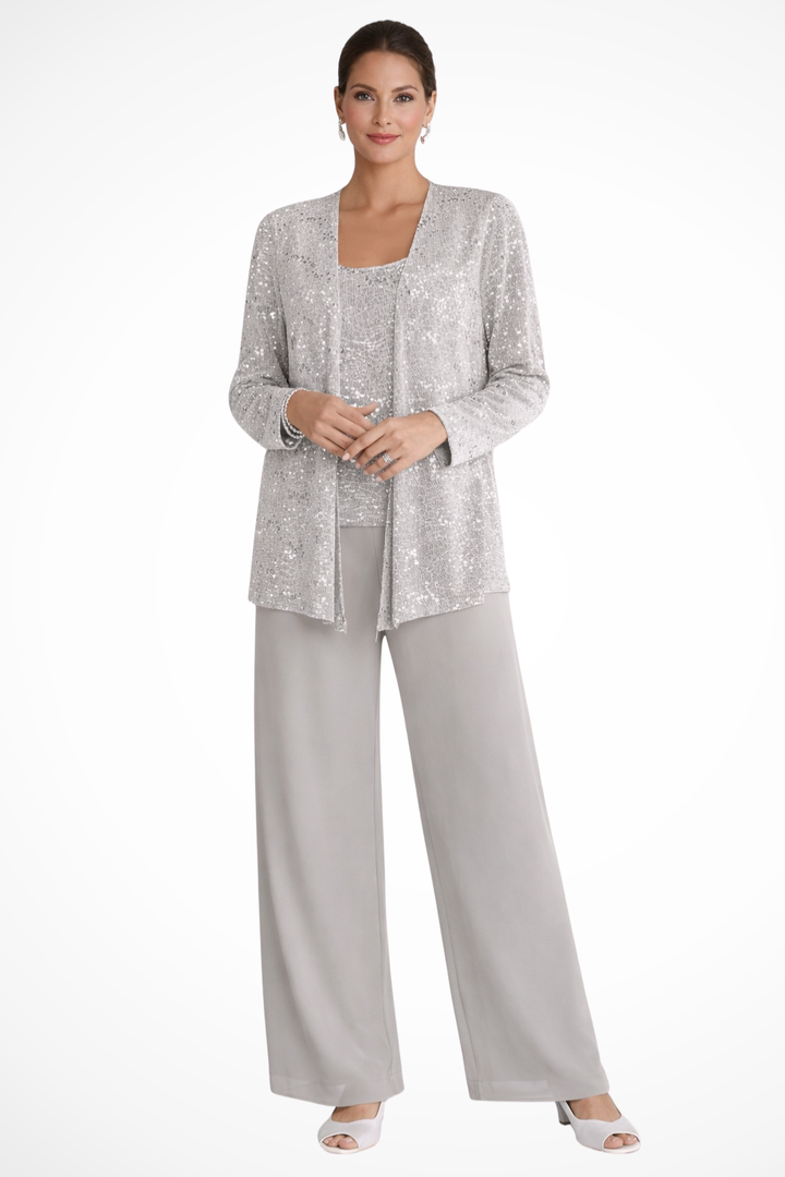 Elegant 3-piece sequin lace women's trouser suit with wide-leg pants for formal occasions.