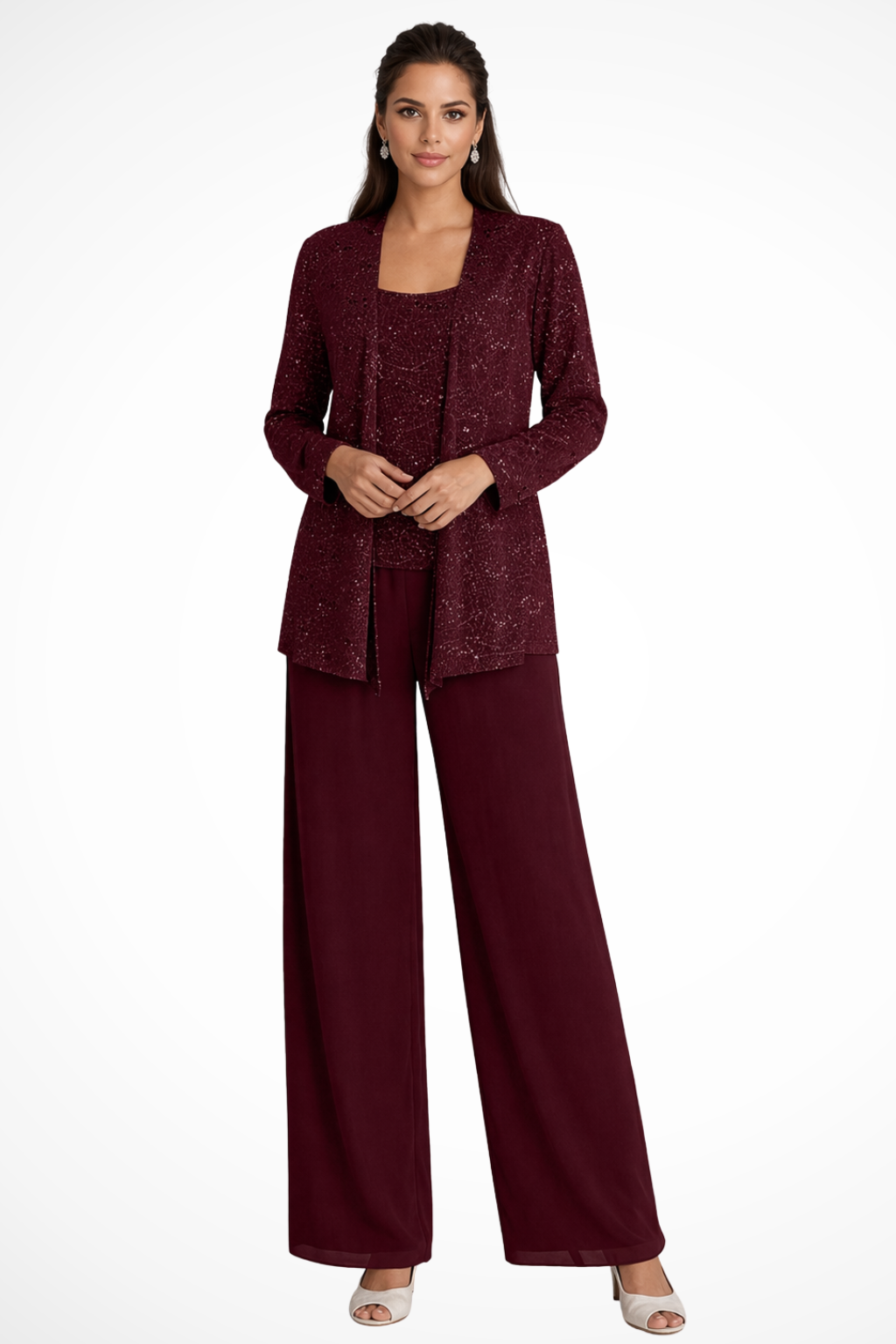 Elegant women's three-piece suit featuring sequin lace for mother of the bride or party.