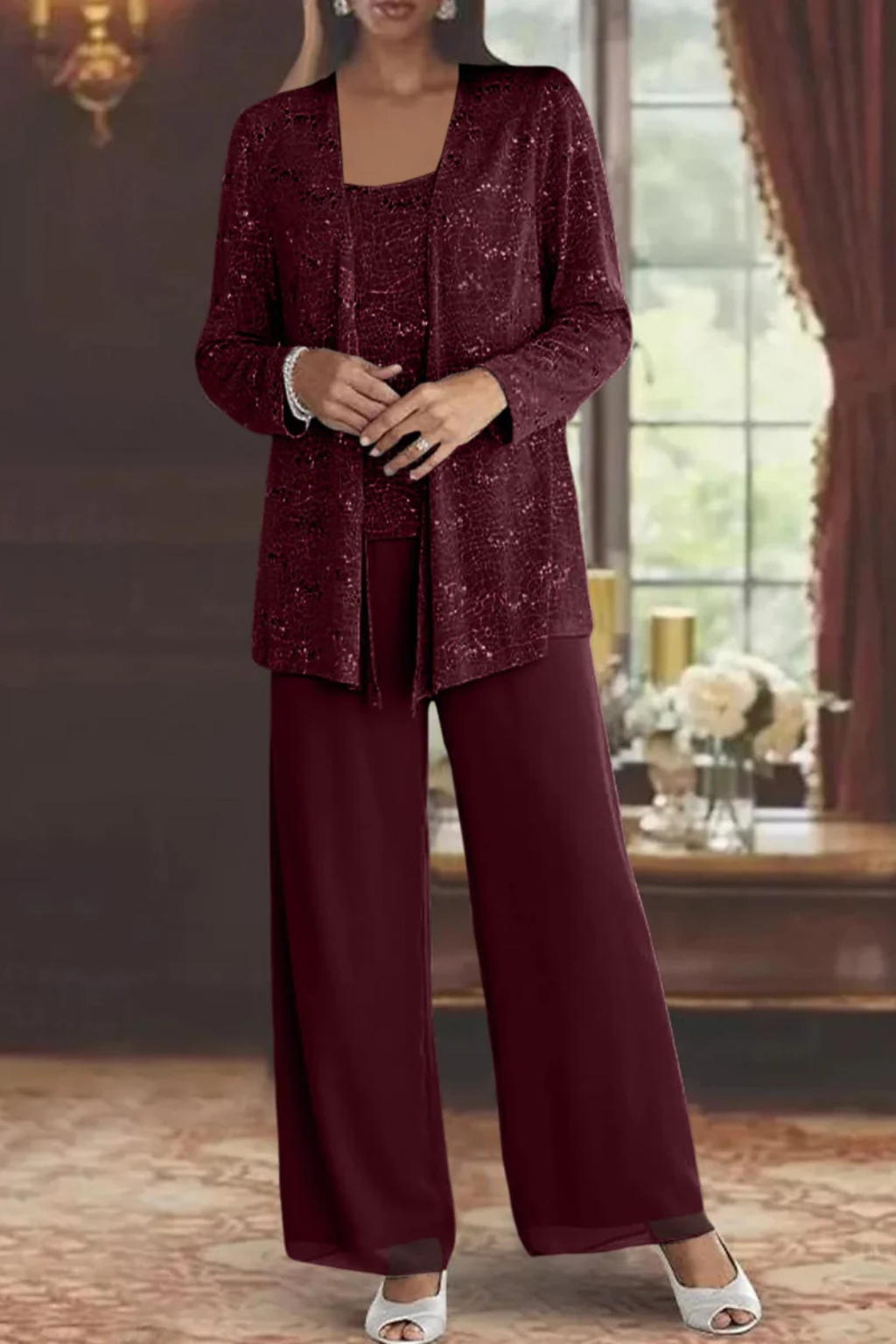 Glamorous sequin lace wide-leg trouser ensemble, a chic option for special events.