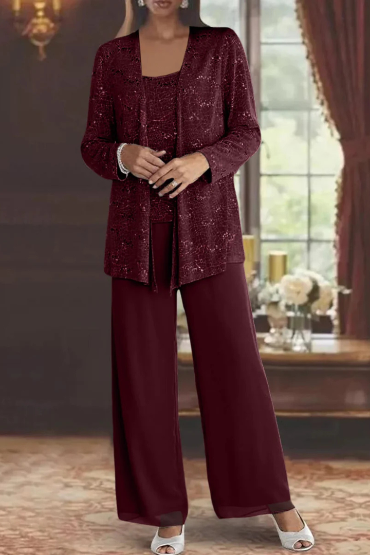 Glamorous sequin lace wide-leg trouser ensemble, a chic option for special events.