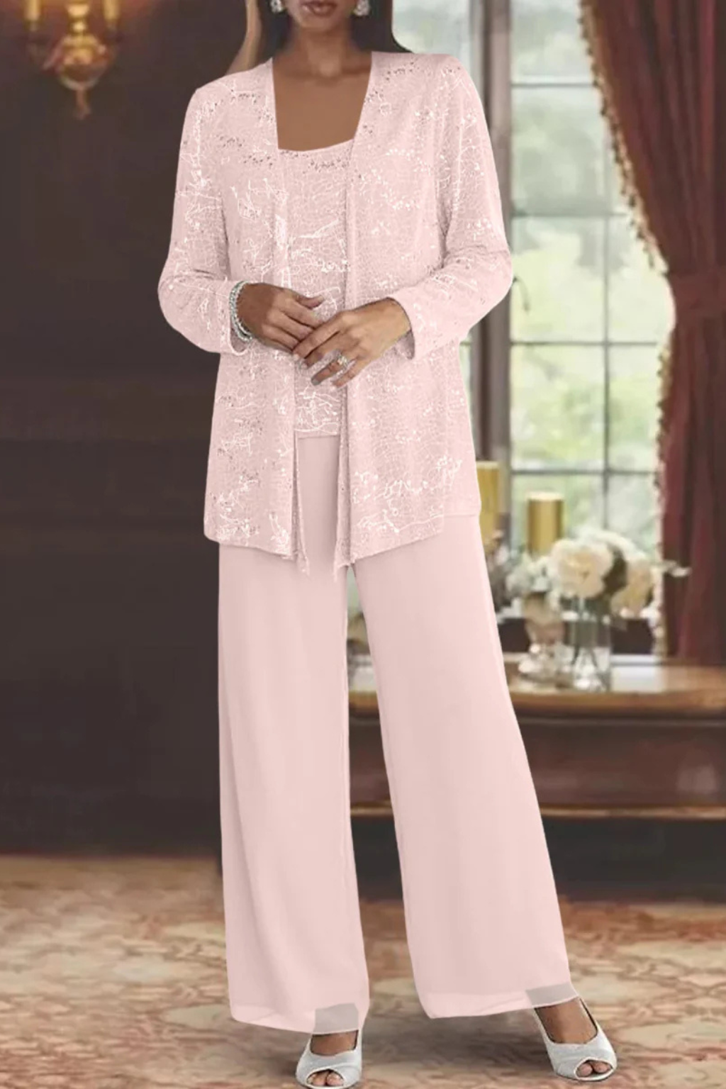 Beautiful sequined lace formal trouser suit for women, an elegant choice for any special event.