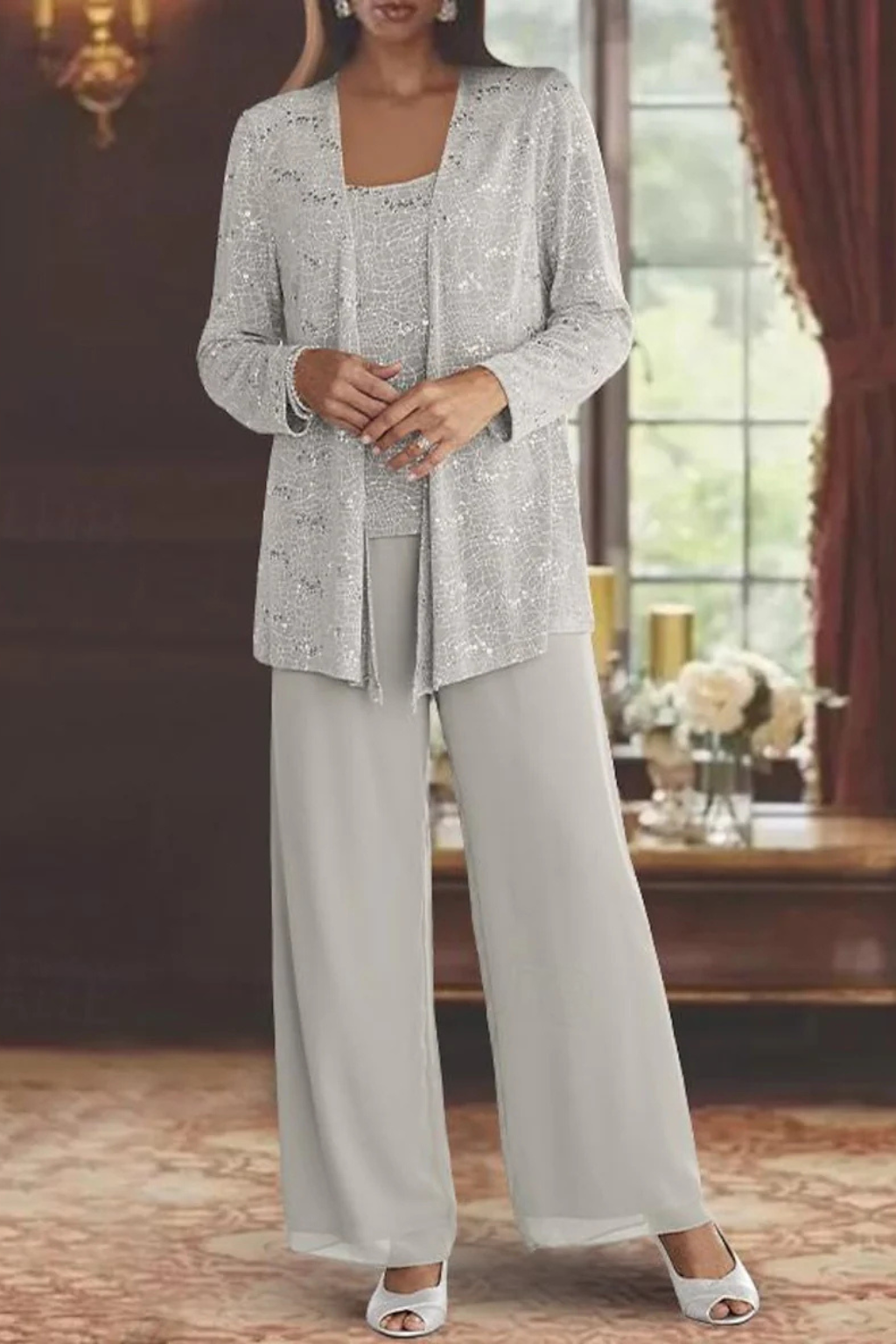 Mother of the Bride sequined lace pant suit. Formal evening wear, perfect for special events.