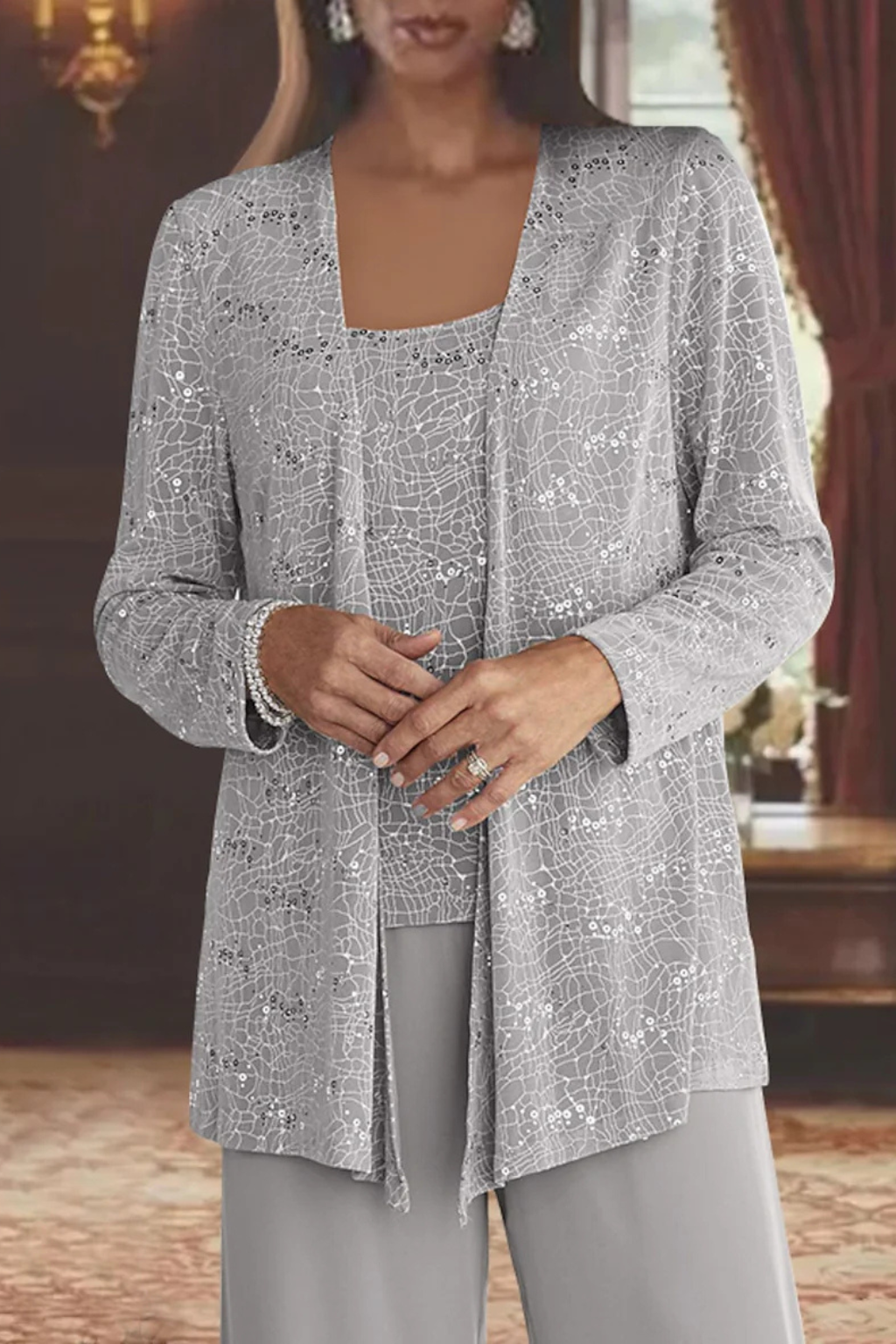 Women's sequin & lace three-piece wide-leg trouser suit, ideal for wedding guests.