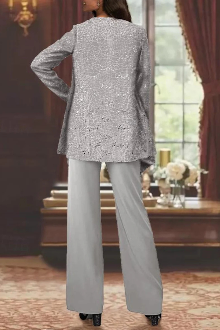 Classy sequined lace trouser ensemble for women, a sophisticated party or evening outfit.