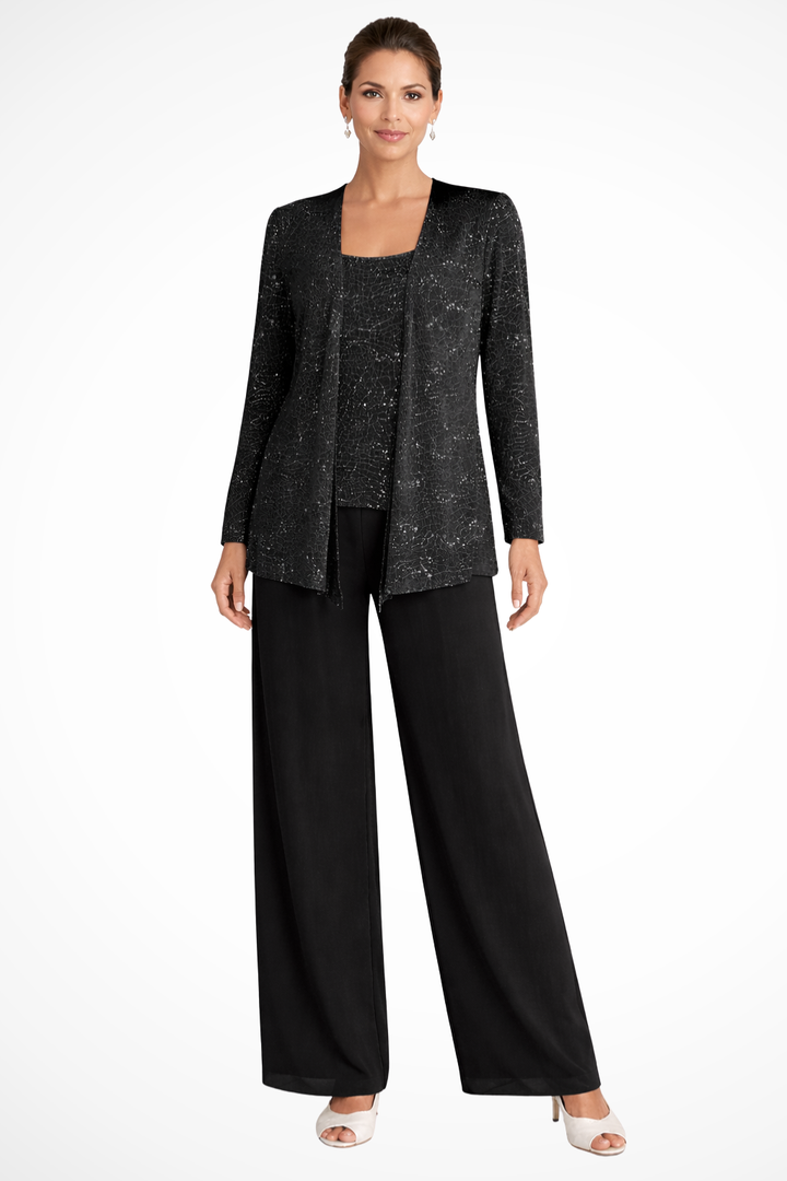 Formal women's suit: sequin lace jacket, top, & wide-leg trousers. Elegant occasion wear.