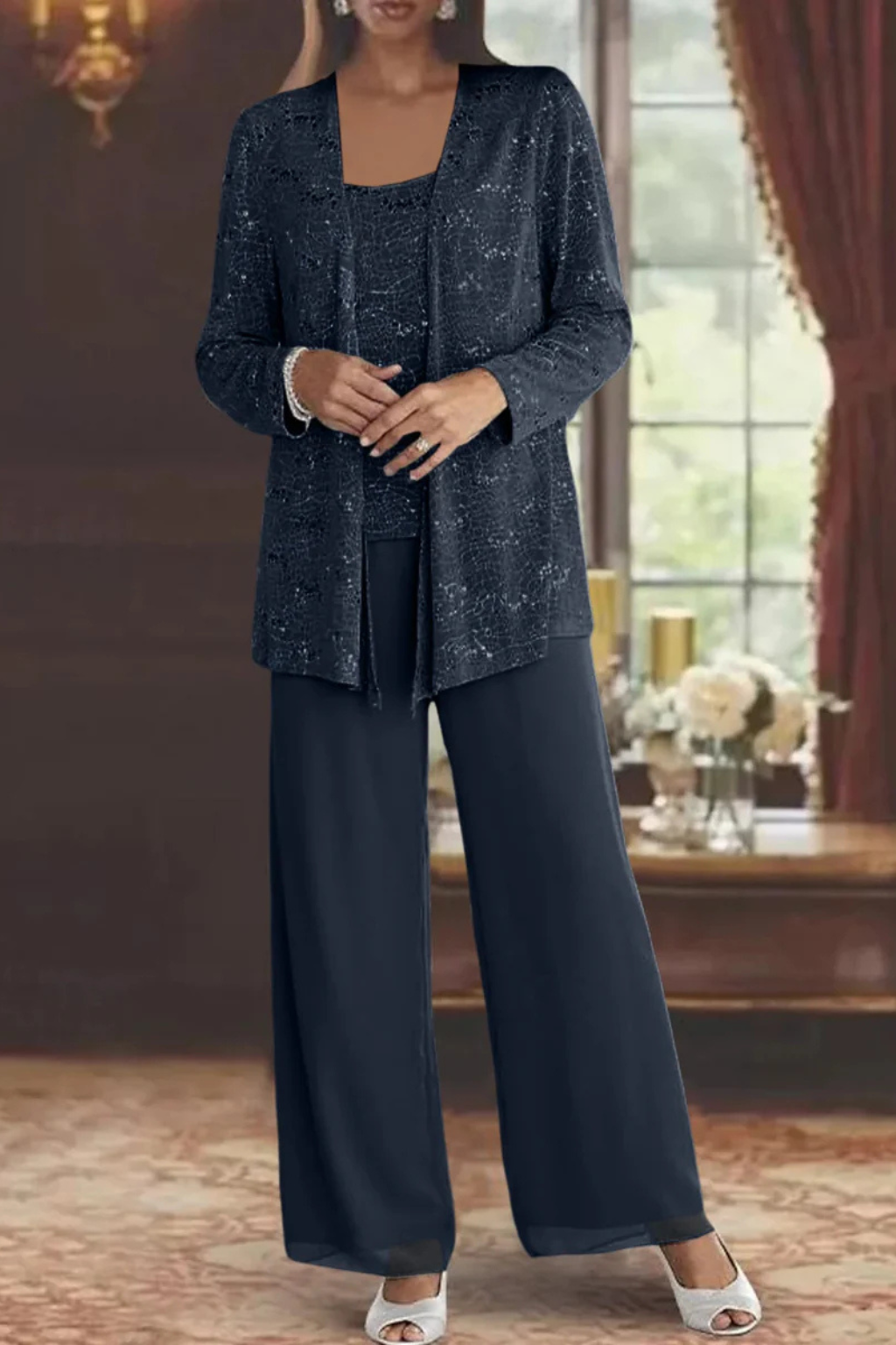 Stylish three-piece sequin and lace women's pant suit for glamorous evening events.