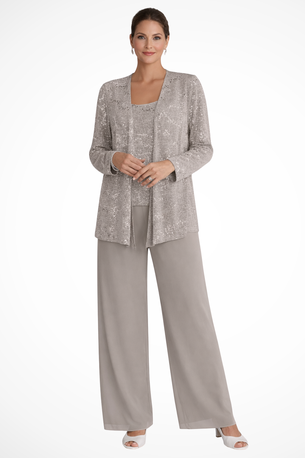 Sophisticated women's wide-leg sequin lace trouser suit, perfect for a wedding or gala.