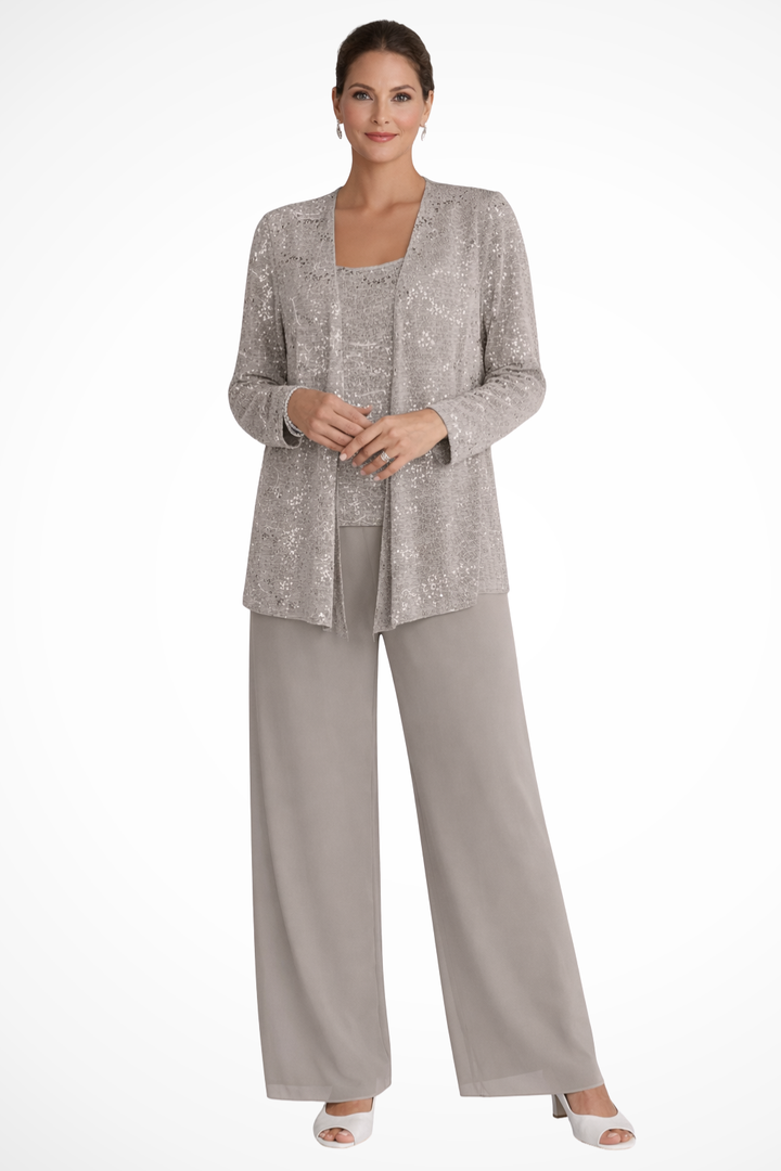 Sophisticated women's wide-leg sequin lace trouser suit, perfect for a wedding or gala.