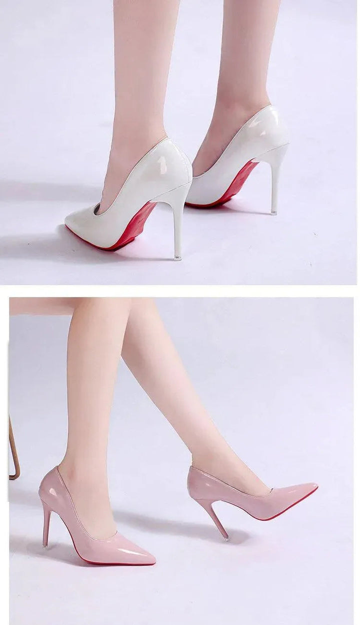 Classic red high heel pumps, ideal for women seeking a versatile and stylish formal shoe.