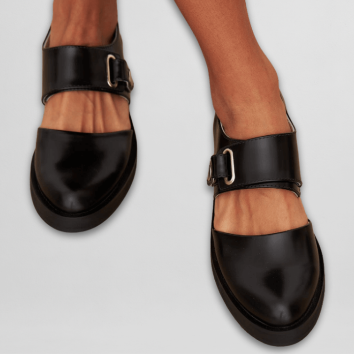 Chic women's low heel strap shoes, offering comfortable wear with a classic buckle design for smart casual elegance.
