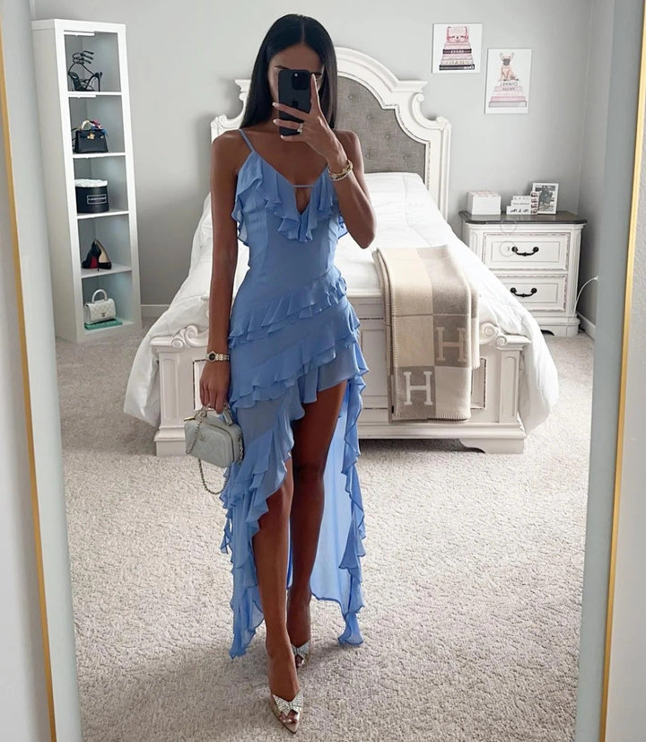 Elegant blue women's ruffle wrap maxi dress with V-neck, asymmetric high-low hem, perfect for summer parties.