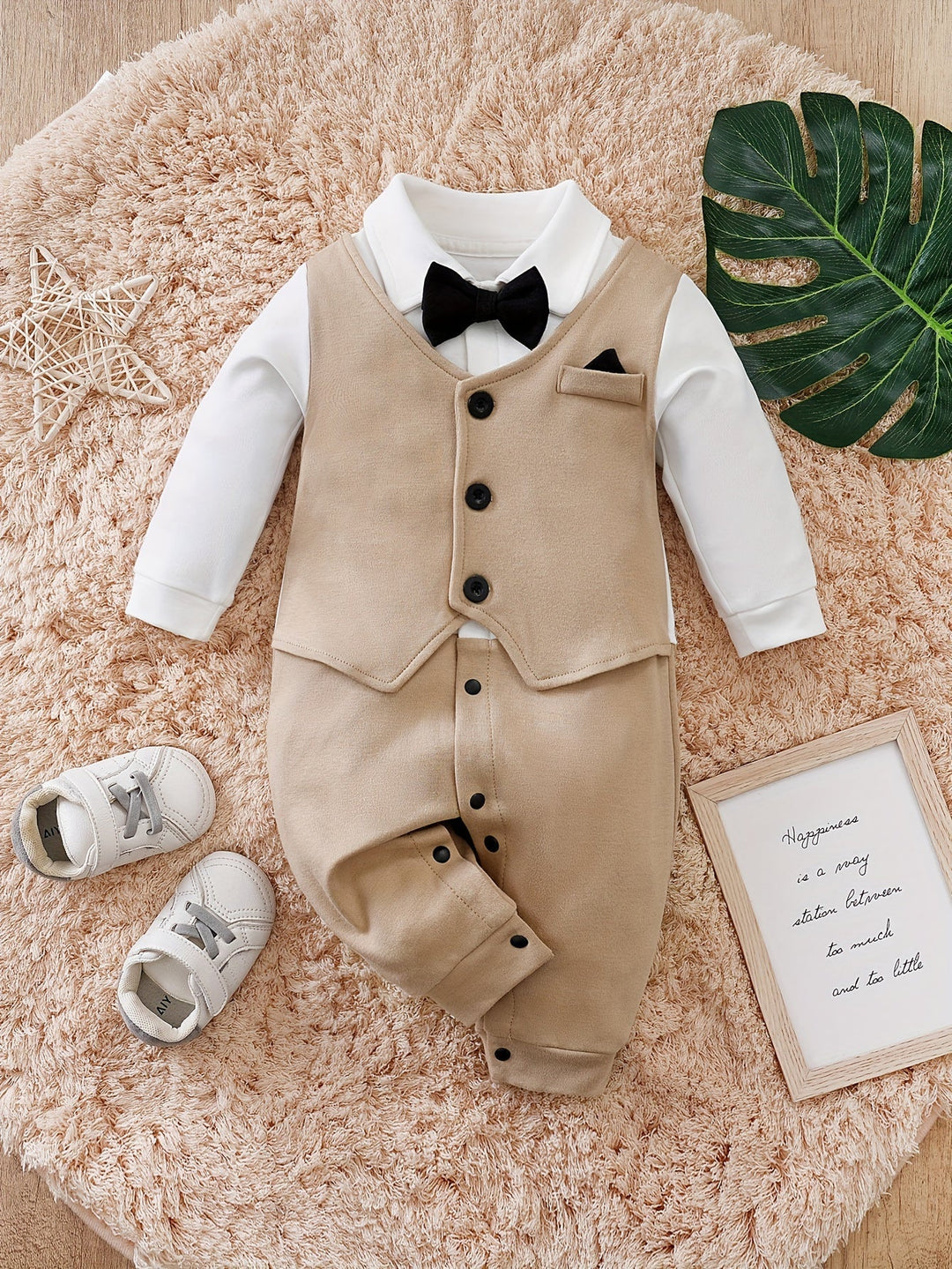 Elegant boys' gentleman romper with bow tie for special occasions. Comfy infant smart outfit.