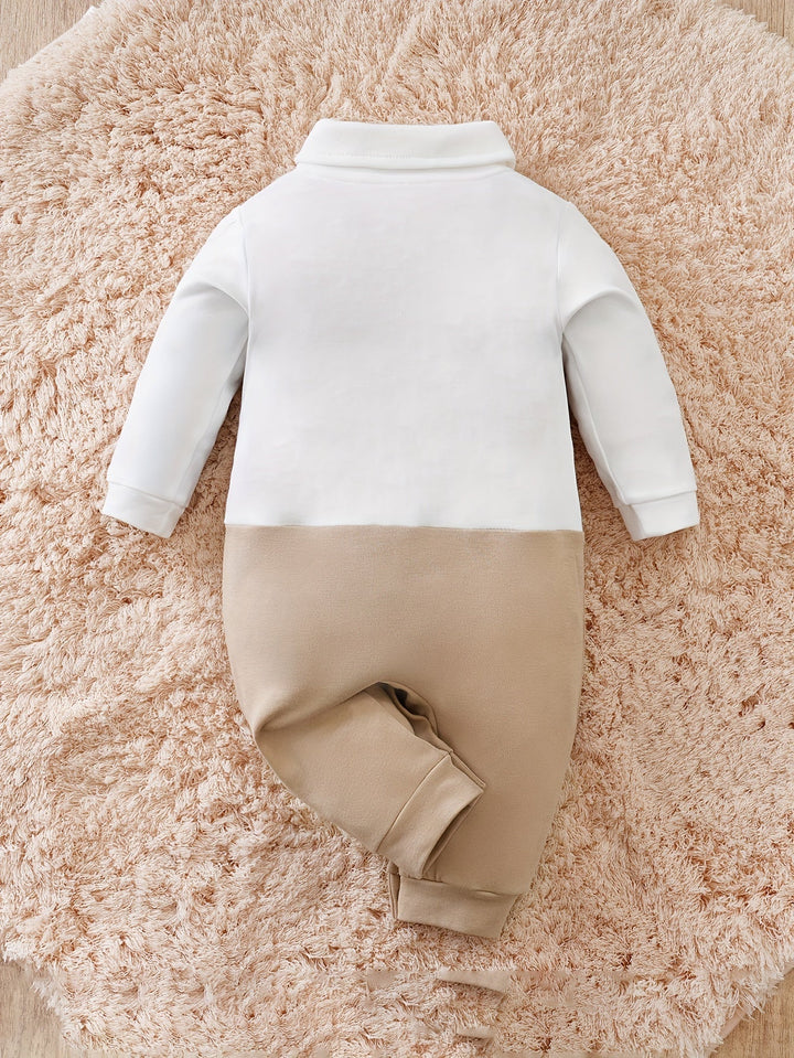 Soft cotton baby romper with a smart bow tie. Comfortable boys' special occasion outfit.