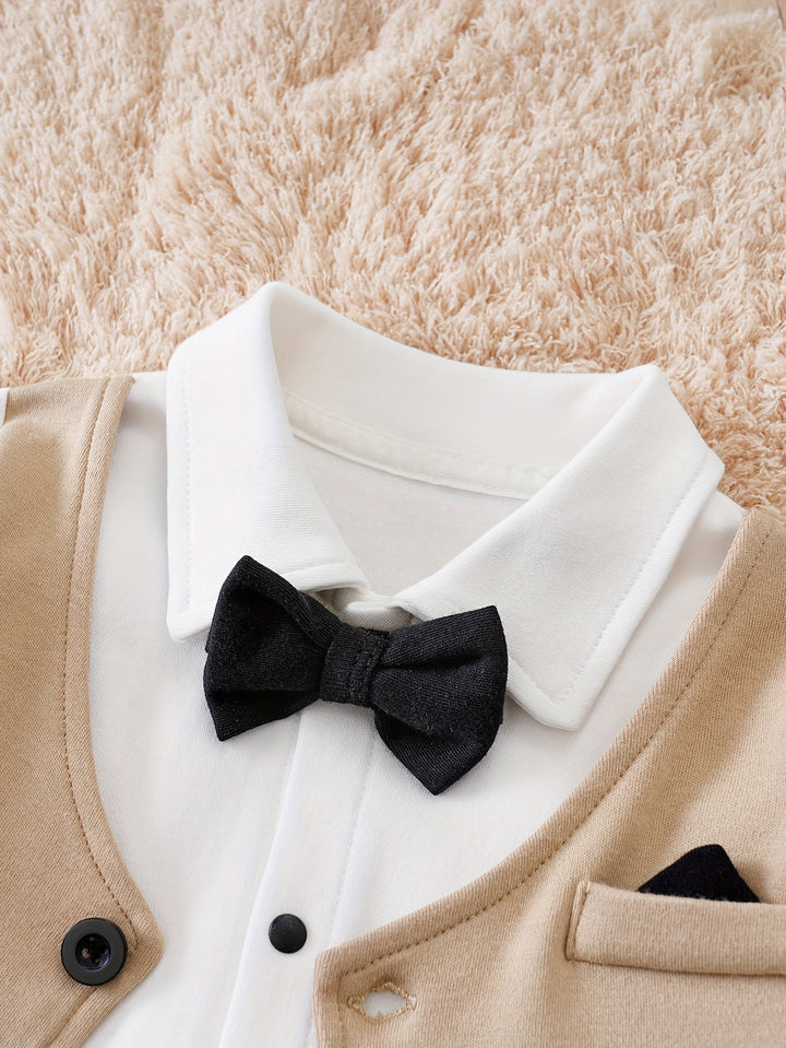 Chic baby boys' romper featuring a stylish bow tie. Perfect gentleman style infant outfit.