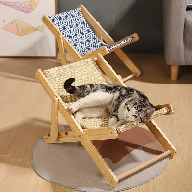Elegant cat lounger & scratcher bed. Plush cushion, sisal surface. Stylish, durable pet furniture for feline comfort.