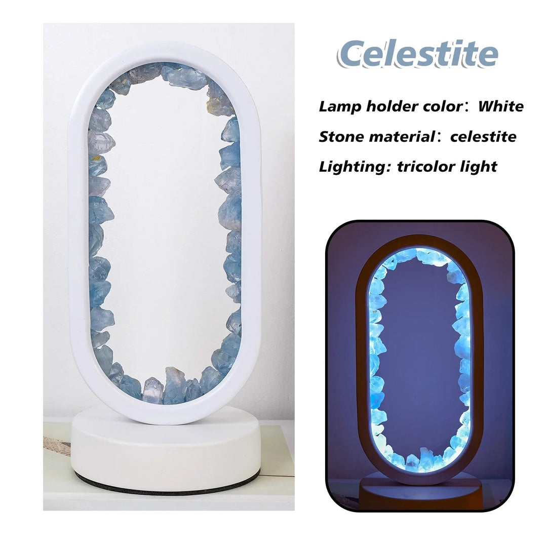 Ambient LED crystal table lamp glowing warmly: Enhances modern living room or bedroom with elegant light and decor.