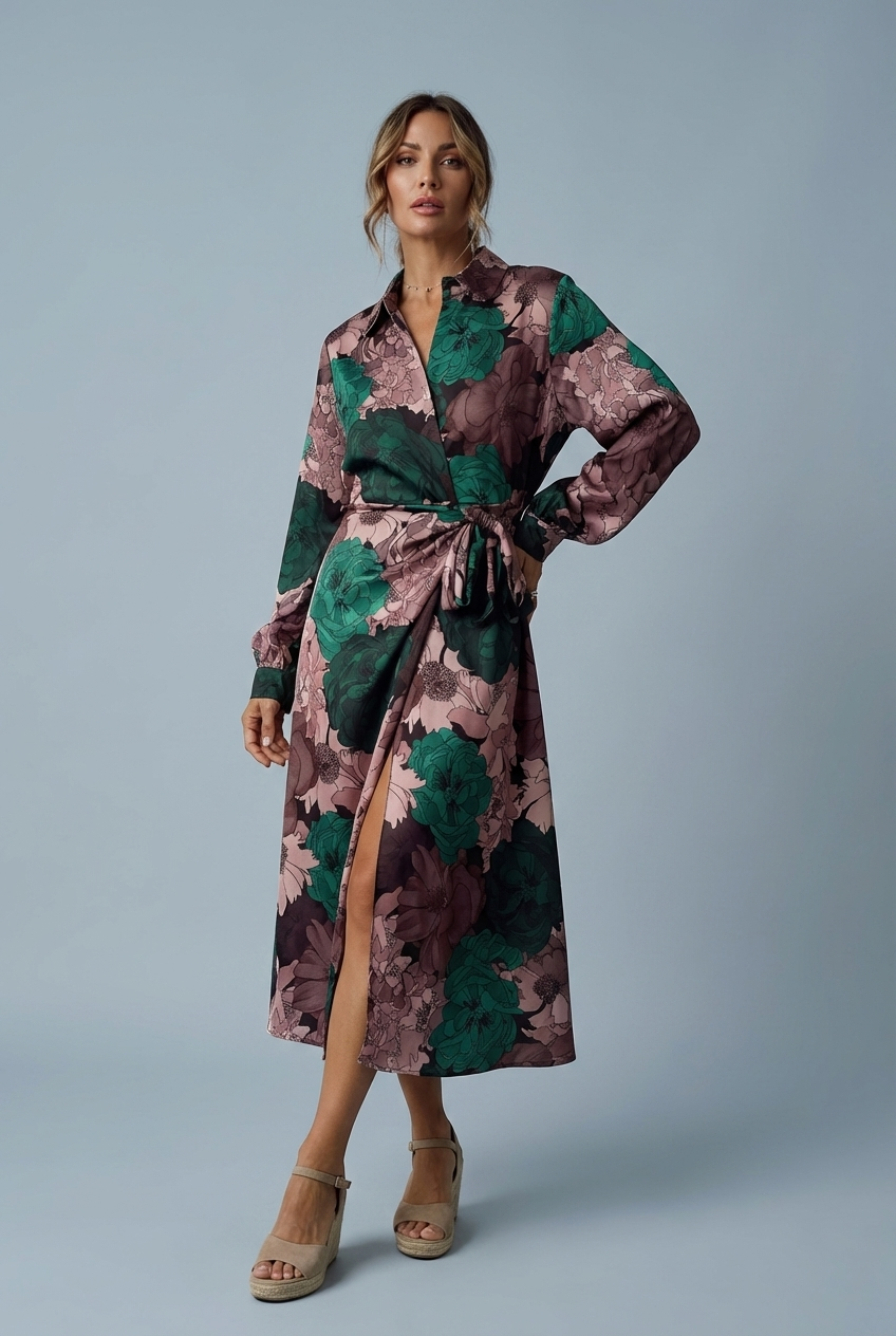 Elegant dark green floral tie-waist maxi dress for women, with long sleeves, perfect for occasion wear.