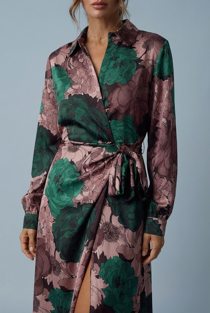 Sophisticated women's dark green floral maxi dress with long sleeves & tie-waist, ideal for evening events.