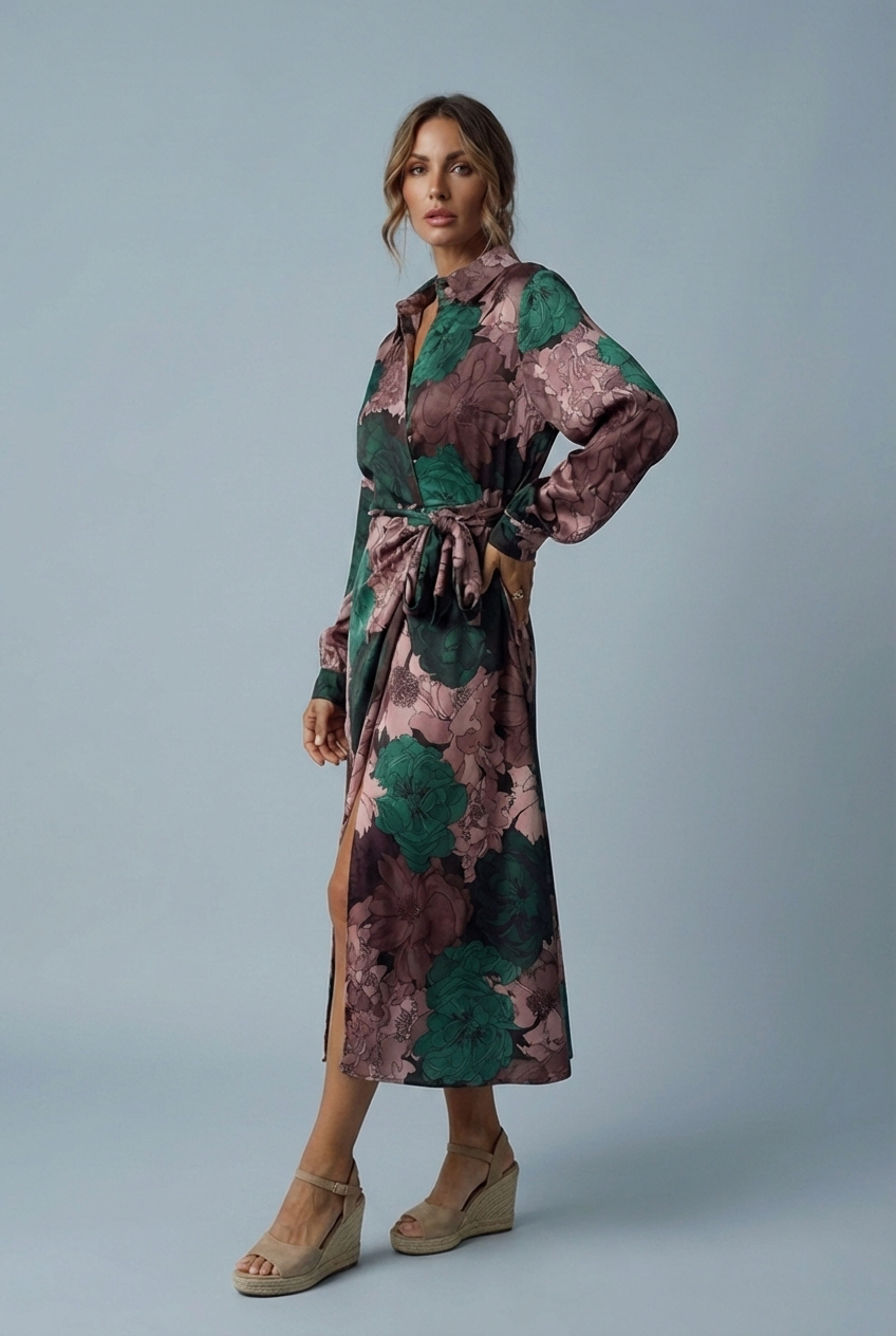 Feminine dark green floral maxi dress with tie waist and long sleeves, an elegant choice for special occasions.
