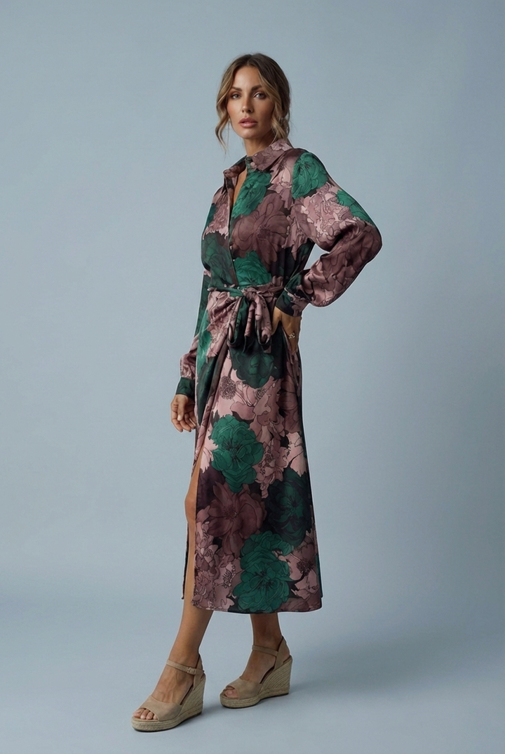 Feminine dark green floral maxi dress with tie waist and long sleeves, an elegant choice for special occasions.