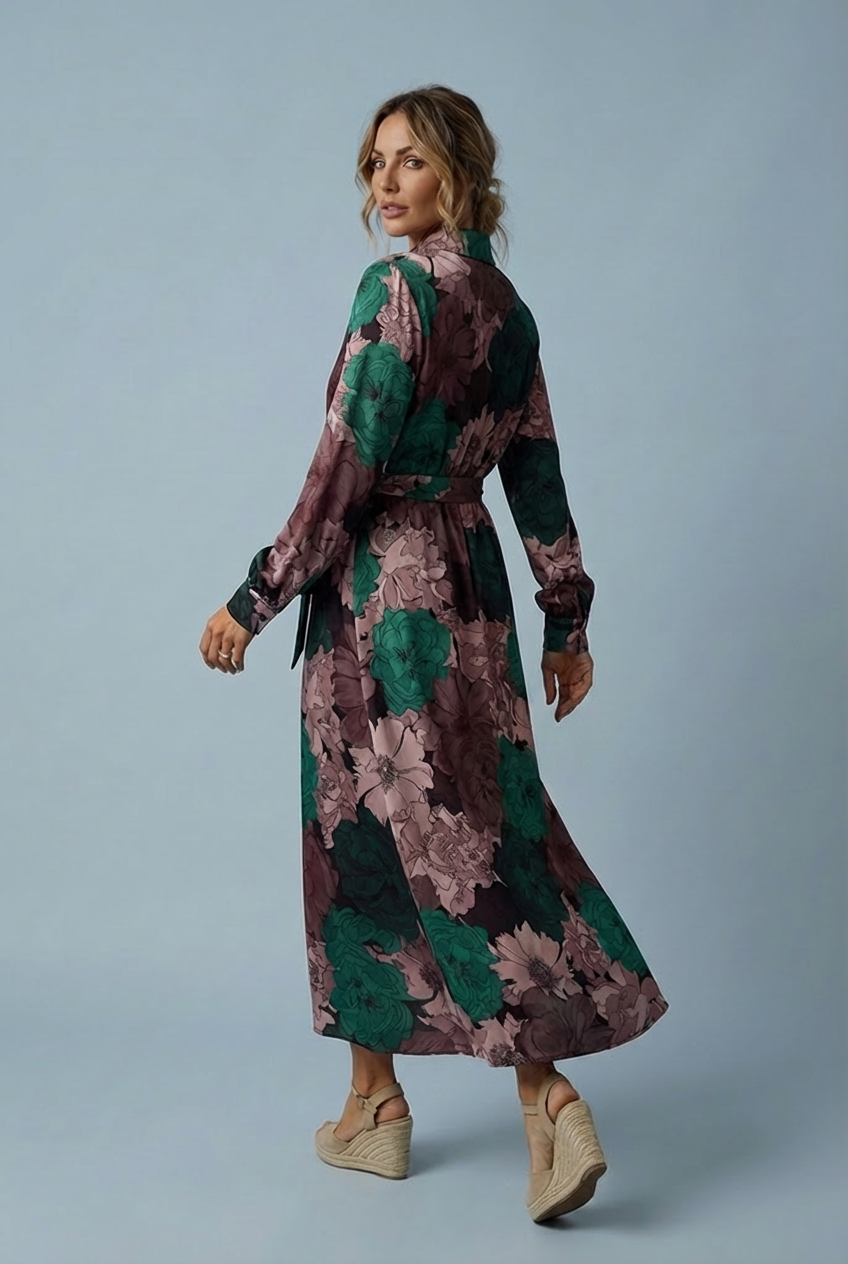 Modest yet elegant women's dark green floral maxi dress, featuring long sleeves and a stylish tie waist.