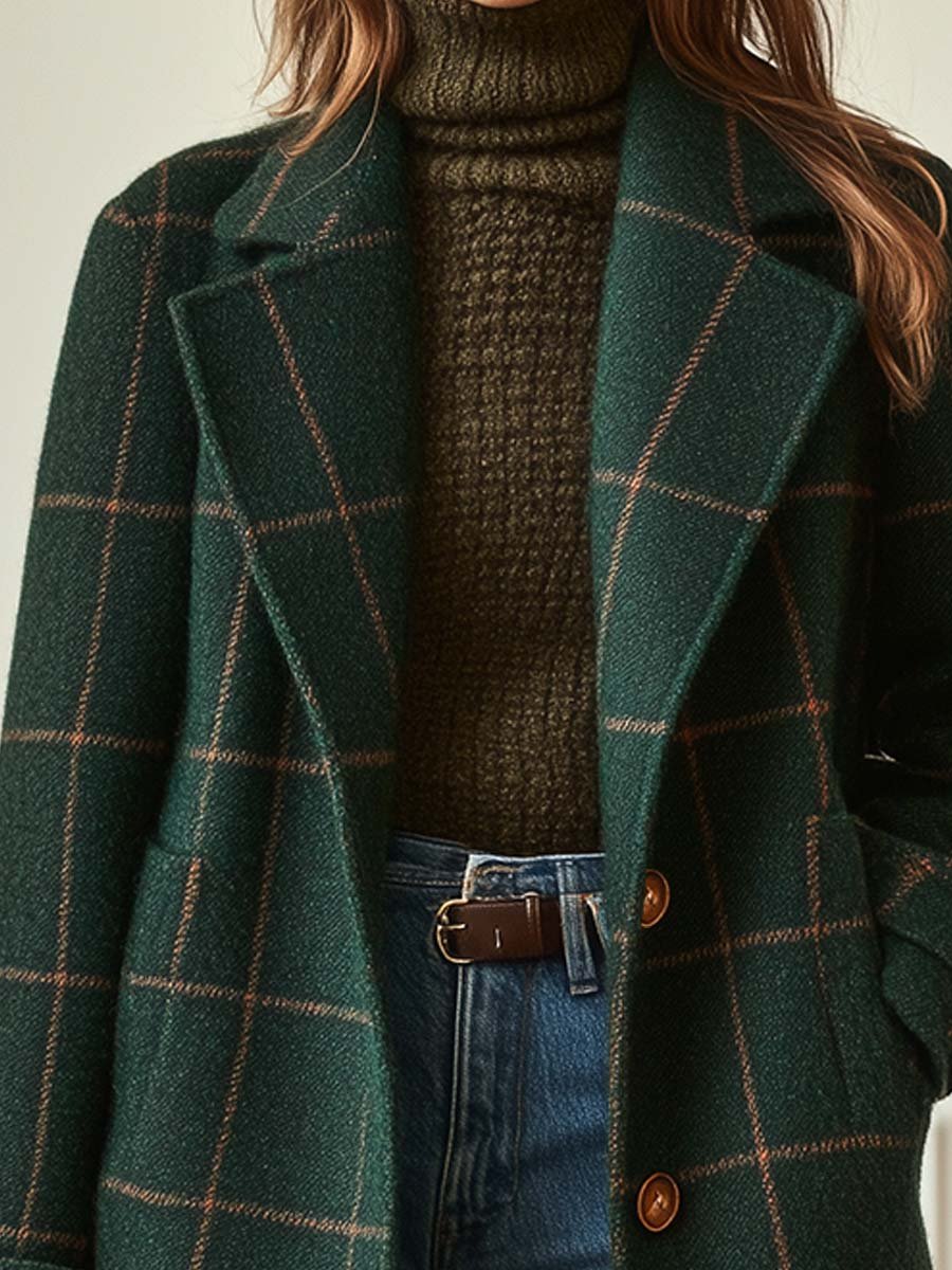 Classic women's plaid winter coat, mid-length with double-breasted buttons, perfect elegant outerwear for fall.