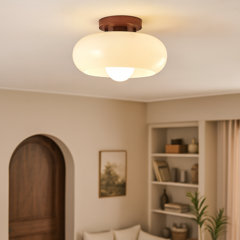 Elegant French Bauhaus ceiling lamp with natural wooden detail, perfect for modern home decor.