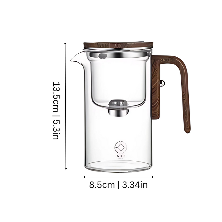 Elegant glass tea infuser on wooden base, showcasing innovative water separation technology, ideal for hot and iced tea brewi