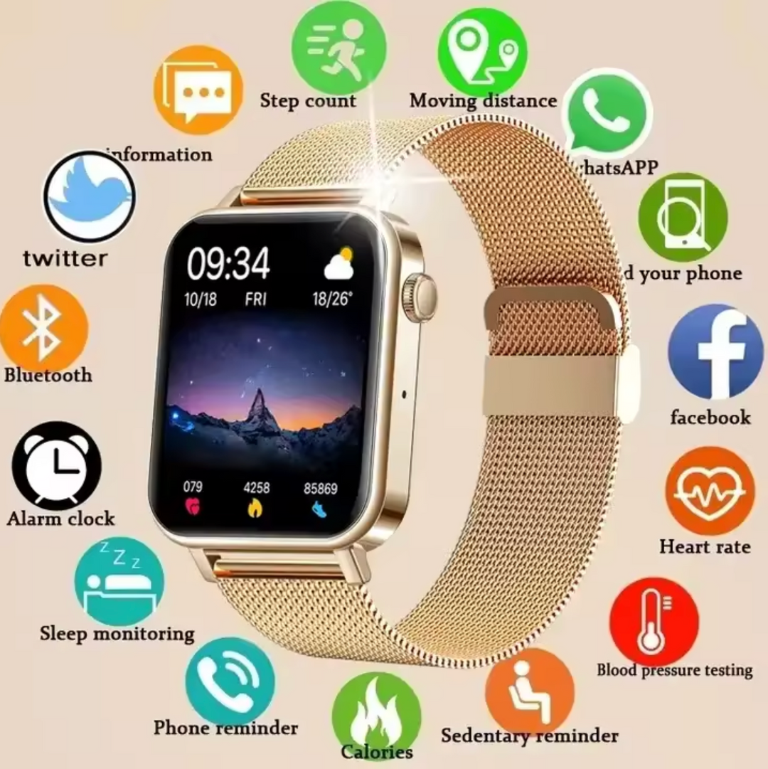 Elegant gold women's smartwatch, a stylish health and fitness tracker with activity monitoring.