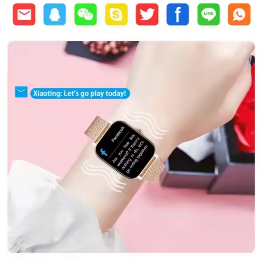 Pink women's smartwatch on wrist, a beautiful and functional health and fitness companion.
