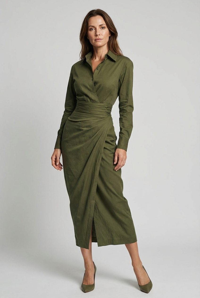 Elegant green ruched wrap midi dress for women with a classic shirt collar, perfect for office or formal events.