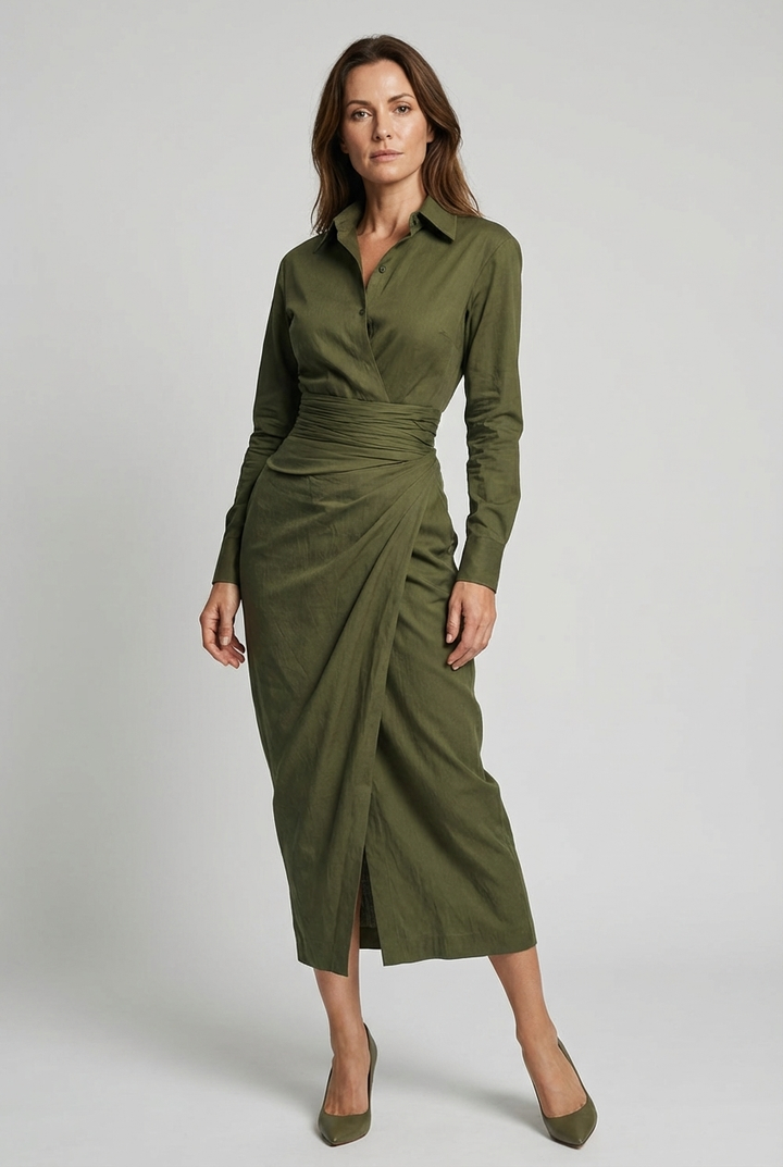 Elegant green ruched wrap midi dress for women with a classic shirt collar, perfect for office or formal events.