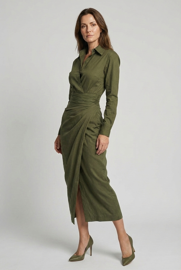 Formal green wrap dress for women with a stylish shirt collar and elegant ruched bodice, suitable for office attire.