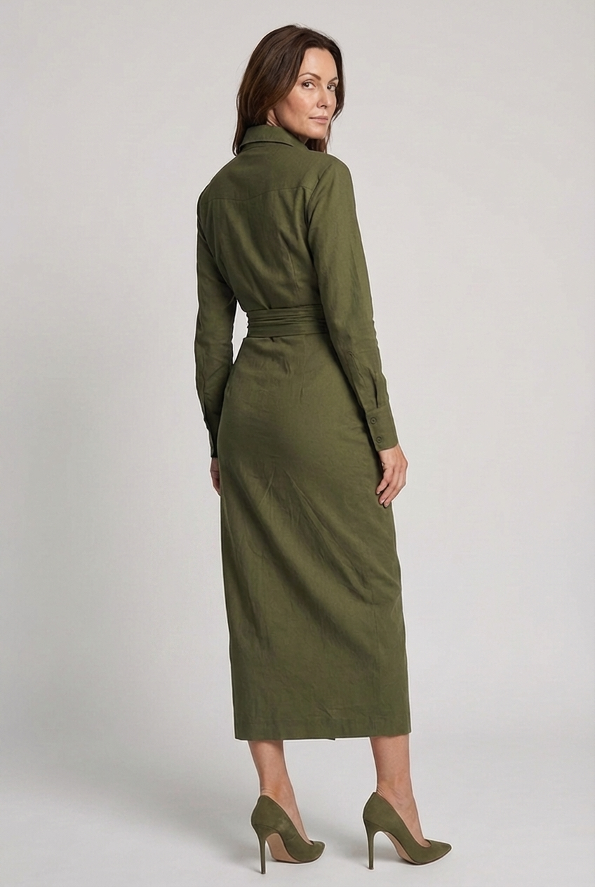 Smart casual women's ruched long sleeve midi dress with a wrap design, classic collar, and sophisticated style.