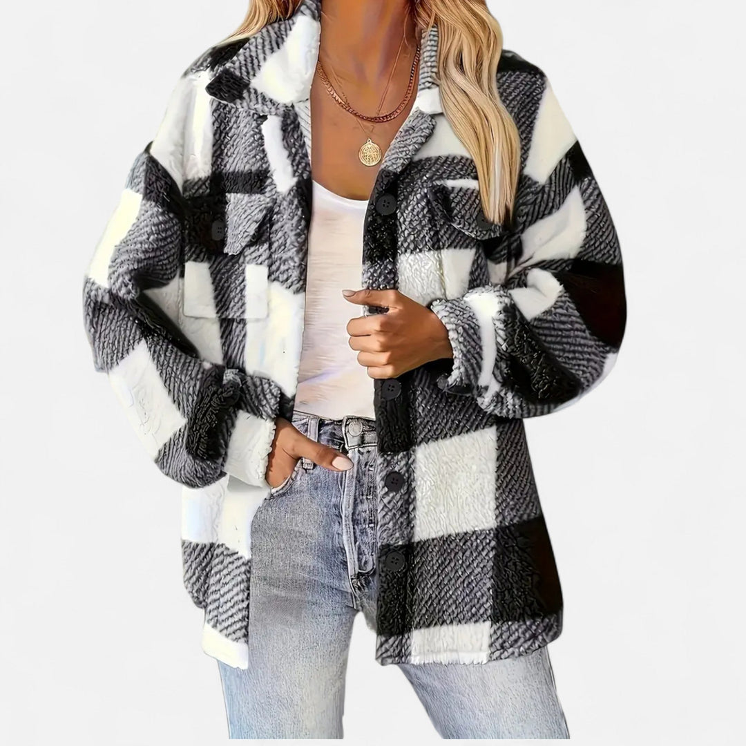 Elegant grey checkered plush winter jacket for women, stylish & warm outerwear.