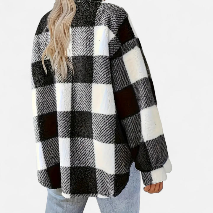Dark pink elegant checkered plush jacket, women's warm and fashionable winter outerwear.