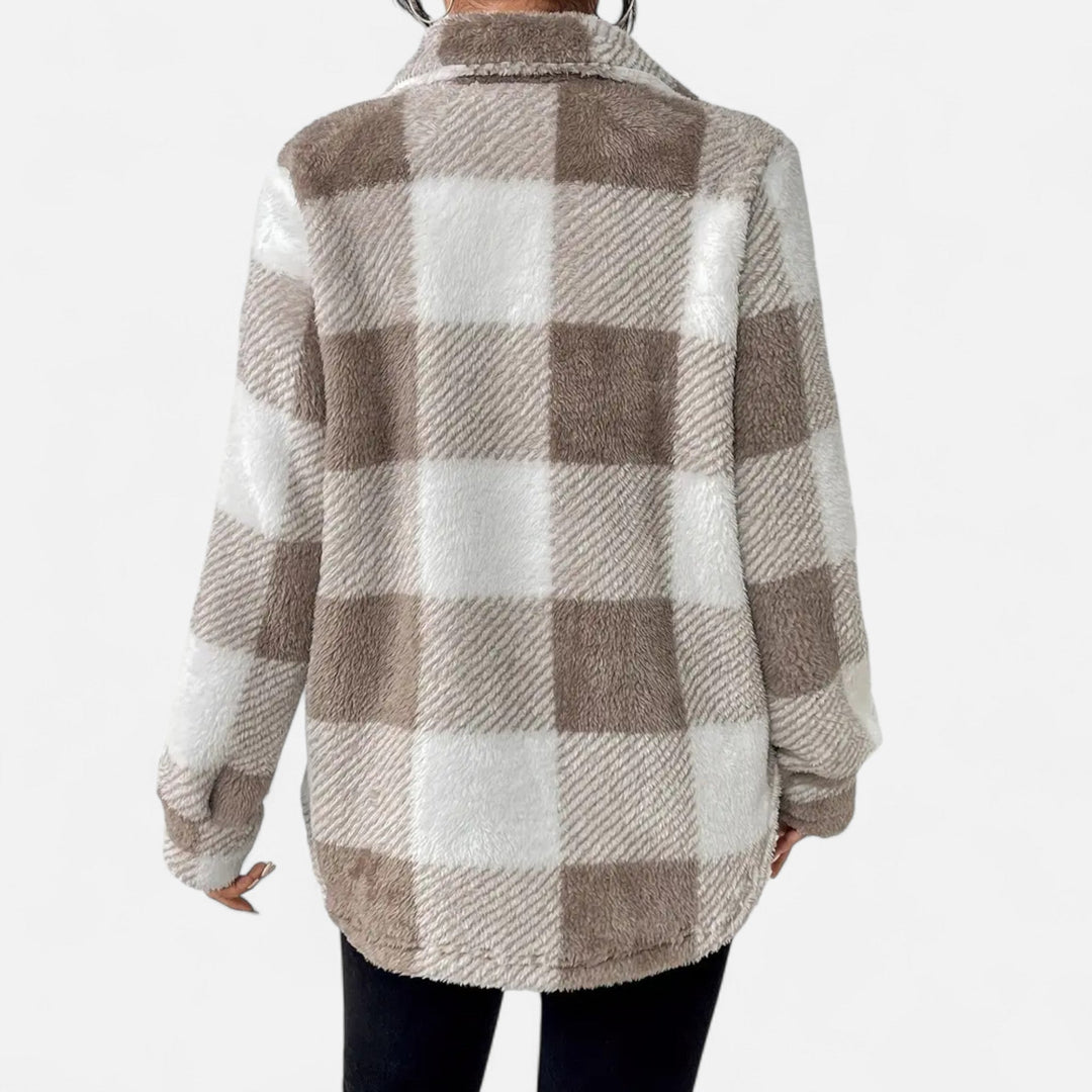 Black plush winter jacket for women, elegant checkered pattern and ultimate warmth.