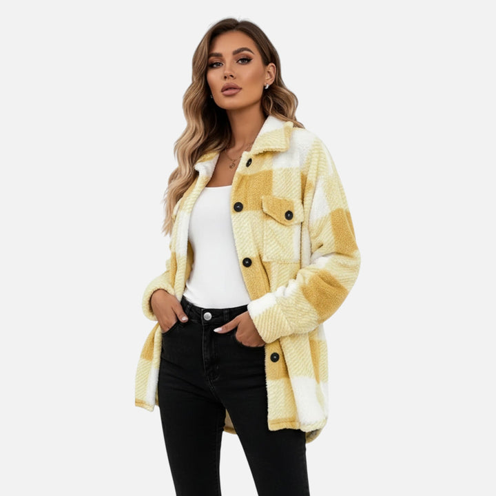 Women's fashion khaki checkered plush jacket, perfect for cold weather & winter.